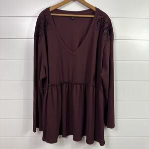 Torrid Knit V-Neck Lace Long Sleeve Waffle Thermal Babydoll Shirt Maroon sz 4
